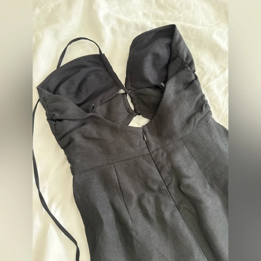 Sezane Pearl Dress Linen Black Cutout Strap Midi - Picture 10 of 10